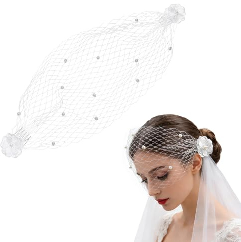 NBEADS Brud fågelbur slöja, 440 mm fascinator nät ansiktsslöja vitt nät spets med pärlor hårband slöja fascinator-hatt med kam för kvinnor tefest middag påsk brud bröllop