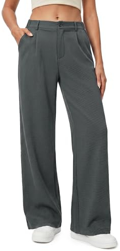 Enmain Pantalon Fluide Femme Taille Haute Elastique Jambe Large Droite Léger Pantalon Femme Été Chic et Elegant Texturé Ample sans Repassage Décontractés avec Bouton Poches Gris Foncé XL
