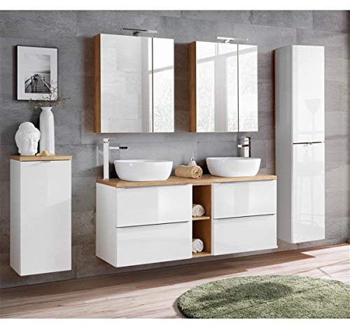 Lomadox Komplett Badmöbel Set mit Doppel-Waschtisch inkl. 2 Keramik-Aufsatzbecken 50cm, Hochglanz weiß & Wotaneiche inkl. LED-Spiegelschrank