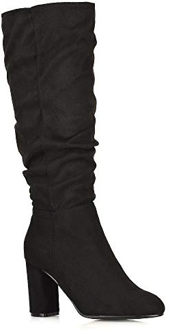 Womens Block High Heel Boots Ladies Mid Calf Knee High Rouched Winter Boots Size Black Faux Suede