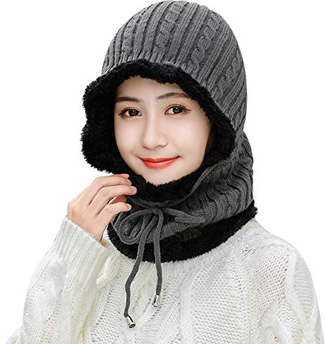 Bonnet Cagoule Tricoté en Polaire Thermique 2 En 1 Echarpe à Capuche Chapeau Hiver Tour de Cou Chaud Cache-oreille Chapeau de Cyclisme Camping Ski Sknowboard pour Femme Homme,Gris