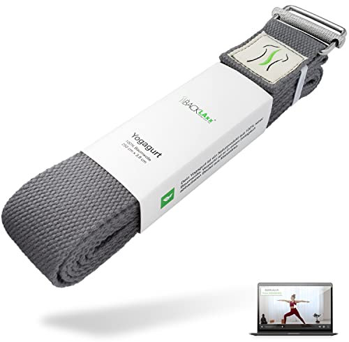 BACKLAXX ® Yoga Gurt Baumwolle (grau) – Nachhaltiges Yoga Zubehör Set, Yogagurt 250 cm lang mit praktischem Verschluss aus Metall – Yoga Set ideal für Yoga, Pilates und Dehnen inkl. Anwendungsvideo