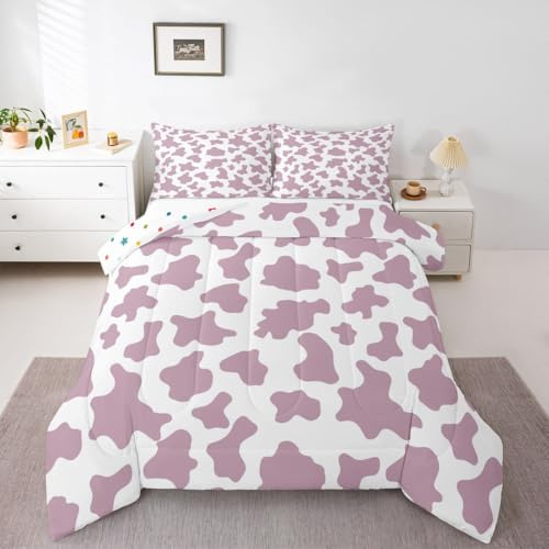 Kid Cartoon Bedding Set Purple Cow Print Duvet Insert Twin,Milk Cow Animal Cowhide Comforter Set Farm Animals Quilted Duvet for Toddler Boys Girls Farmhouse Bull Cattle Kawaii Room Decor,White