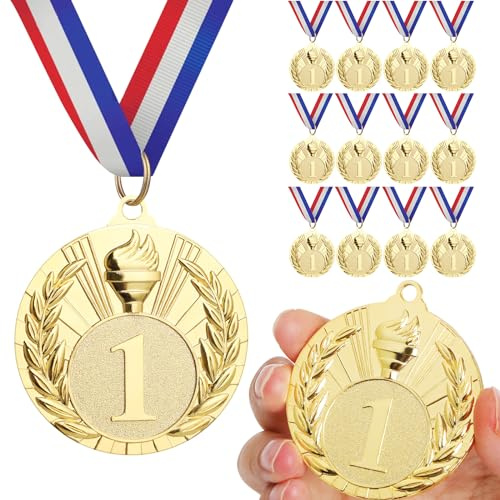 GeeRic 12pz Medaglie d'oro Medaglie per Bambini/Studenti/Giocatore/Atleta Medaglie in Metallo con Nastro Collo Vincitore di Medaglie per Concorso/Sport/Festa Decorazione