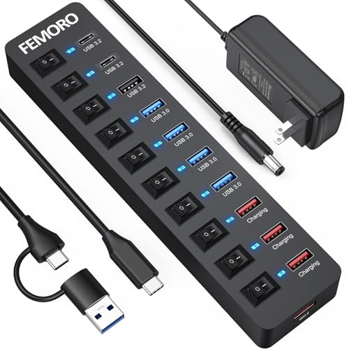 Powered USB C Hub 3.2 11-Port 48W, USB-C 3.2 (10Gbps)*2 + USB-A 3.2 (10Gbps)*1 + USB-A 3.0 (5Gbps)*4 + Power-only Port*4 with 12V/4A Power Adapter High Speed for Laptop PC Phone SSD HDD Flash Drive