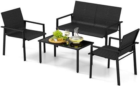 GIANTEX Ensemble de meubles de jardin, salon de jardin, salon de jardin, 4 pièces, en polyrotin, 4 pièces, pour 4 personnes, table et 2 chaises, banc, petit balcon, résistant aux intempéries