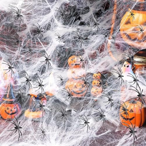 Dazhtu 280g Telaraña Halloween, Decoración de Halloween, Telarañas Blancas elásticas con 50 Arañas Negro para Halloween Decoracion Fiesta de Carnaval de Halloween Accesorios de casa embrujada