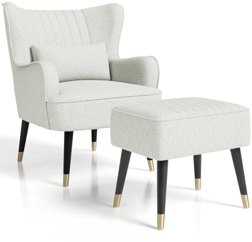 Vesgantti Wingback Accent Chair & Pillow,Teddy Armchair with Stool,Cream | Large Cuddle Chair with Footstool for Living Room Bedroom Study Room Office
