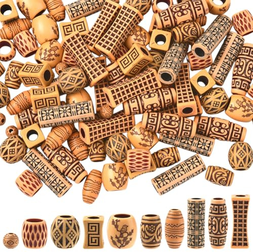 SUNNYCLUE 100 Stück 10 Stile Makramee Haarperlen Dreadlock Zopfperlen Bulk Acryl Holzimitat Loc Rund Rechteckig Säulenförmig Oval Großes Loch Lose Abstandshalter Für Die Schmuckherstellung Armbänder H