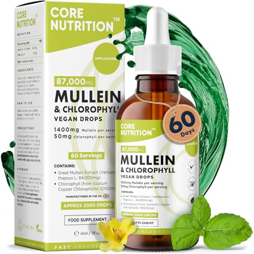 Mullein & Chlorophyll Liquid Drops by Core Nutrition - Vegan - High Strength Extract 150mcg - 2 Month Supply - 60 Servings - 9,000mcg per 60ml Bottle - Made in The UK
