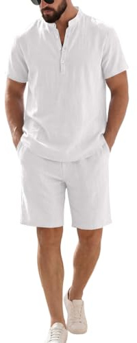 Oanviso Hombre Chándal 2 Piezas de Algodón y Lino Camisa Henry Manga Corta Verano Camiseta + Pantalones Cortos de Playa Deportivos Completo Traje Conjuntos