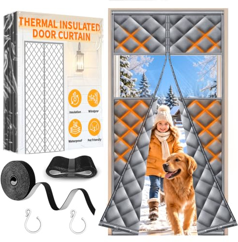 HOFUDON Thermal Door Curtain Magnetic 80 x 200 cm, Grey with Window | Heavy Duty Oxford fabric, Waterproof Windproof, Powerful Magnets Self-Closing, insulated door curtain for Winter, No Drill