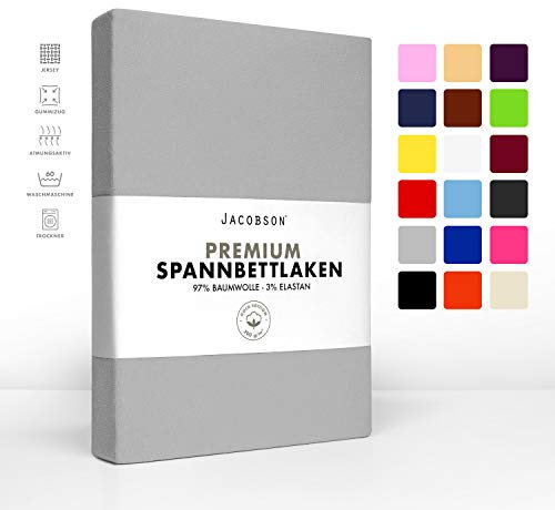 Jacobson Jersey Spannbettlaken Spannbetttuch Baumwolle Bettlaken (Premium 200x220 cm, Grau)