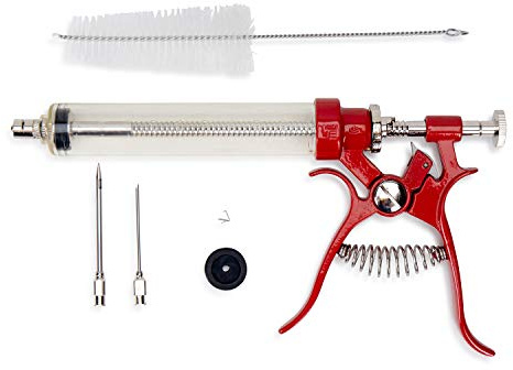 Butcher BBQ Pistol Grip Gourmet Meat Injector Syringe | Metal Handle | 50cc Pistol Grip Injection Syringe | 2 Different Needles for Different Meats | BBQ Smoker Accessories | Tailgating Accessories