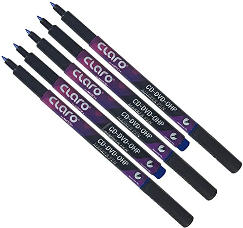 claro Permanent Markers, BLUE, Fine Tip, Pack of 5, CD-DVD-OHP Marker Pens, Mark Write Draw Sketch, UV resistant Waterproof Ink, PATEL Black Ball Pen