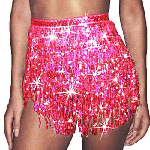 Ushiny Sparkle Silvester Paillette Fringe Weihnachten Mini Röcke Sparkly Tassel Rave Kostüm Festvial Shorts für Damen