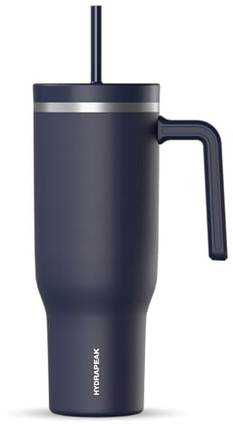 Hydrapeak Voyager 40 Oz Stainless Steel Tumbler with Handle, Insulated Water Bottle With Straw & Lid, Cupholder Friendly Reusable Travel Mug (Navy)