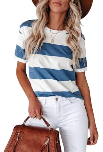 HEYPORK Damen Sommer Top Bluse Bequem Lässig Mode T-Shirt Blusen Frauen Frühjahr/Sommer Mode Blau Weiß Gestreift Druck Rundhals Kurze Ärmel Lässig T-Shirt(Blau, S)