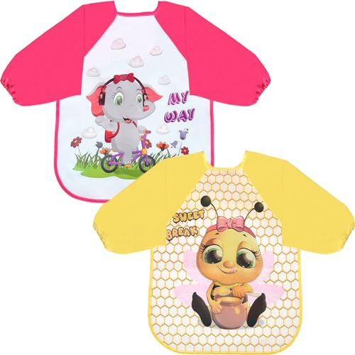 FIFTYSEVENFACES 2 Pezzi Bavaglini Pappa Svezzamento, Bavaglino Impermeabile per Bambina, Grembiule con Maniche Lunghe per Mangiare, Giocare e Colorare, da 6 Mesi a 3 Anni, Lavabile