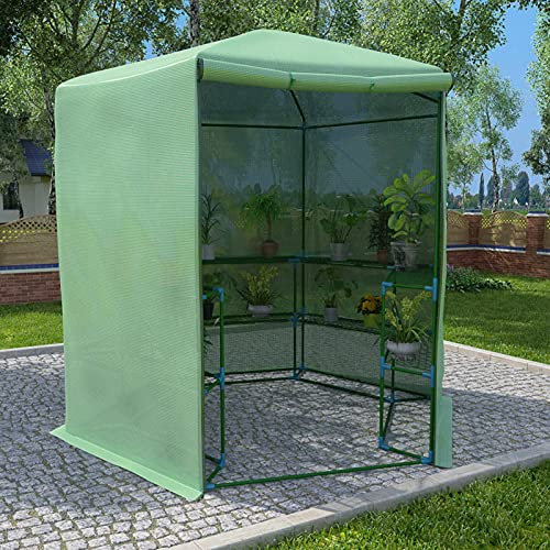 Homgoday Serre avec étagères - Serre en film plastique - Serre à tomates - Serre pour plantes - Serre adossée - Serre précoce - Serre peu encombrante - Pour balcon, jardin, terrasse - Acier - Vert