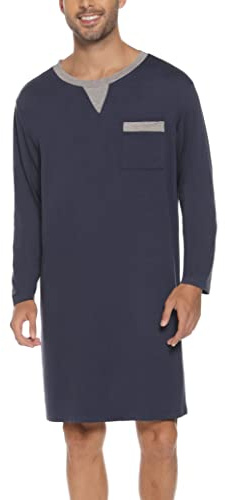 Yukiuiny Camicia da notte da uomo in cotone, pigiama a maniche lunghe, maniche corte, top di pigiama da uomo, maglietta lunga girocollo con bottoni per abbigliamento interno, maglietta di grandi