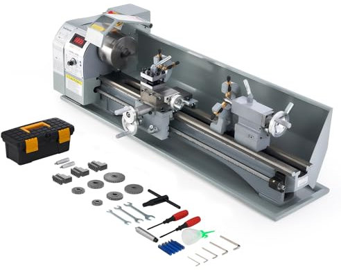 CREWORKS Mini Metal Lathe, 22x75cm Benchtop Metal Lathe with 3 Jaw Chuck and 3000rpm Max. Spindle Speed, 1100W Metalworking Machine with LCD Display, Metal Lathe Machine for Threading Turning Drilling