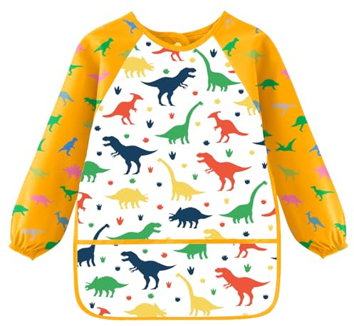 MorLuks Tablier Peinture Enfant3-8 ans, Blouse Tabliers Peinture Dinosaures jaune, Tablier de Bricolage enfant 3 poches, Tablier de Peinture école 1ère, Classe Garçons, Longueur 58cm