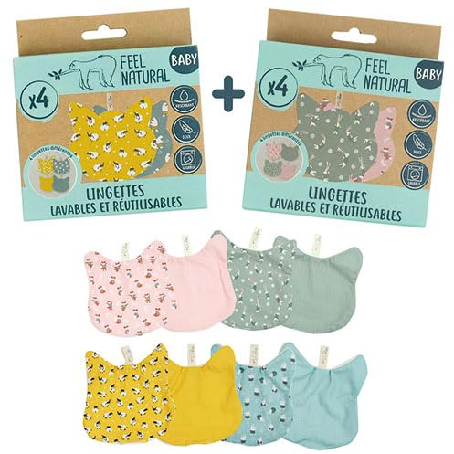 Feel Natural - Kit 2 Lots de 4 Lingettes Bébé Chat - Idéal pour Hygiène, Toilette, Change Bebe - Matière Éponge Ultra Douce, Nettoie en Douceur - Lingette Bebe Réutilisable, 100% Coton