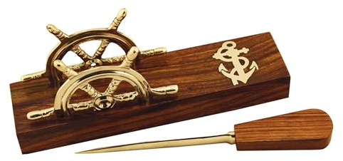 NKlaus brevöppnare och visitkortshållare av trä/mässing, 22 x 5 x 7,5 cm – nautisk kontorsdekoration, funktionell 15982
