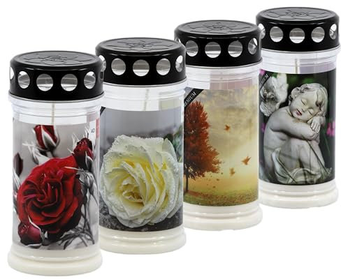 Horeca Candles - Bougies Funéraires avec Couvercle - Durée 4 Jours - Lot de 4 pour Cimetière - Cire Blanche - pour Tombe avec Motifs
