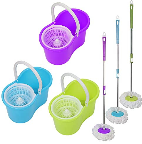 Set Classic Mop, Seau essoreur avec Lave-Sol, Balai à Franges en Viscose très absorbantes, Presse Manuelle à Double entraînement -A, Vert