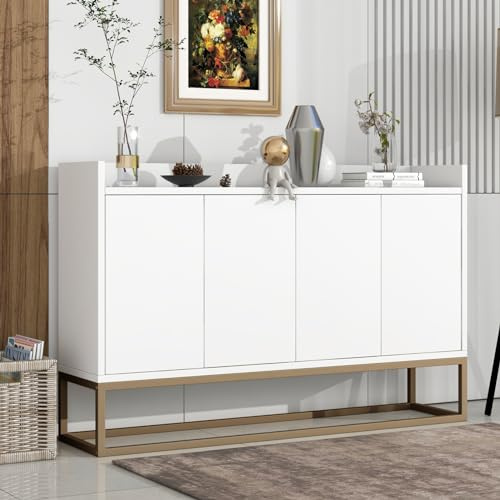 Générique Buffet, Buffet avec Pieds en métal doré, Meuble de Rangement de Style Moderne, Armoire, 4 Portes - 120 x 30 x 80 cm, pour Cuisine, Salle à Manger, Salon (Blanc)