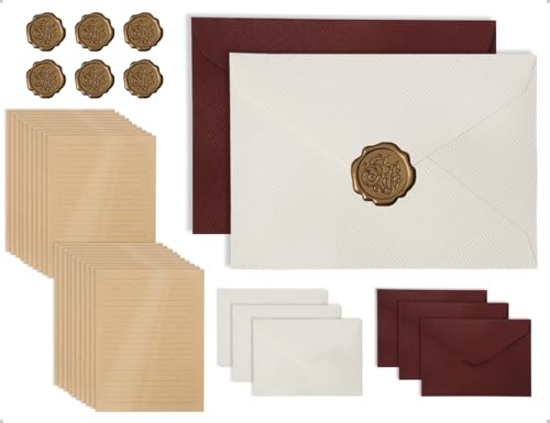 Emezddo Set di cancelleria, carta da lettere vintage con carta da busta in lino e sigillo di ceralacca, utilizzata per biglietti d'auguri, inviti e compleanni