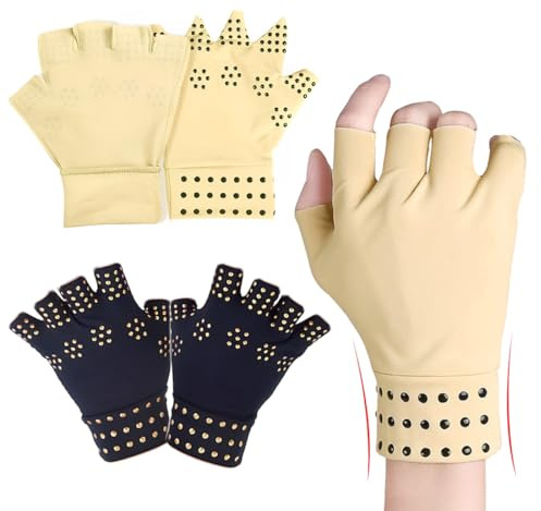 DIFLAX 2 Pezzi Guanti Compressione, Guanti Arthrose, Guanti Mezze Dita Uomo Donna, Sollievo Dolore RSI/Tunnel Carpale (Color carne, nero)