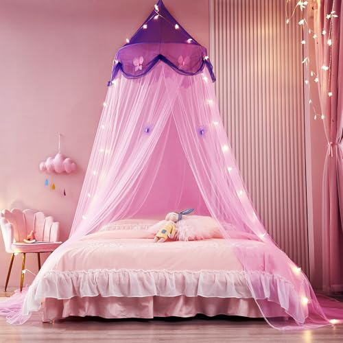 ZIQINPSQ Princess Bed Canopy for Girls (No Lamp) | Universal Fit Mosquito Net for Cots, Single, Double & King Beds | Simple Hang Kids Canopy Curtains, Girls Room Decor (Purple&Pink Style)