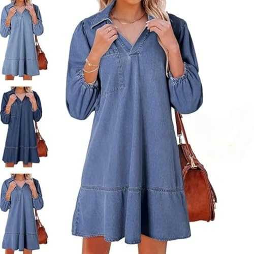 Dam V-ringad puffärm denim lager klänning, sommar jeansklänningar med 3/4 ärmar volang cowgirl-kläder, Ljusblått, XXL