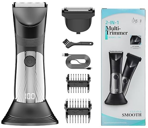 2-in-1 Manscape Trimmer & Shavers for Men, Full Body Electric Razor for Pubic, Balls, Back Hair w/Dual-Head Trimmer and LED Display - Groomer Kit w/Light