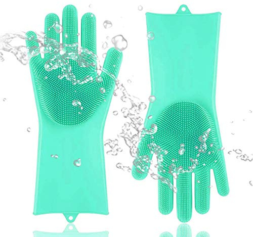 VidFair Diswashing Gloves,Reusable Silicone Gloves,Silicone Diswashing Glove with Magic Wash Scrubber for Kitchen, Bathroom,Pet Care Bathing and Massaging (Green)