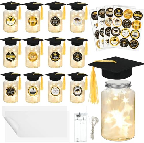 12 Pack Graduation Table Decoration Set, 2026 Grad Jar Table Centerpieces, Includes Black Felt Grad Hat, LED Lights, Stickers and Tracing Paper for High School and College Graduation Party Supplies