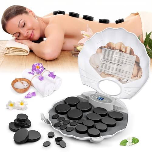 Set de masaje con piedras calientes, 20 piedras de masaje de basalto en maletín calefactor portátil, piedras de lava para masaje, piedras de basalto adecuadas para uso privado, spa