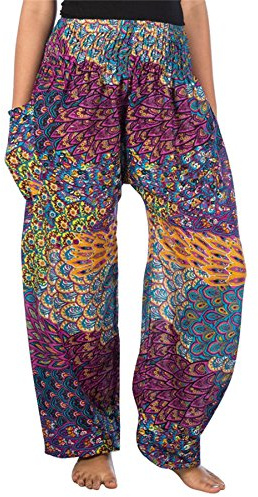 Lofbaz Harem Pants for Women Yoga Boho Hippie Clothing Palazzo Bohemian Beach Trousers Maternity Pajama Indian Gypsy Travel Clothes - Peacock 3 Purple XXL Plus