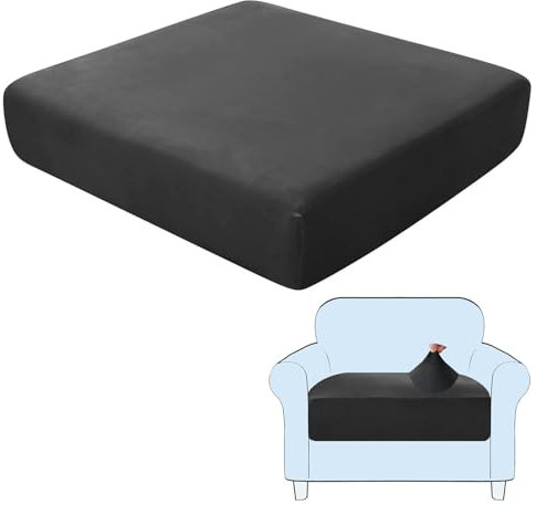 SHUOJIA Sofa Seat Cushion Covers, Stretch Velvet Sofa Cover, Non-Slip Couch Cushion Covers Replacement for Individual Cushion,with Elastic Fabric,Machine Washable (Black,Large-1-Seater)