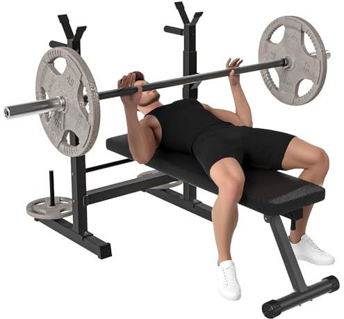 HOMCOM Panca da Palestra Pieghevole con Supporto per Bilanciere Regolabile in 8 Posizioni, Panca Pesi in Acciaio e PU per Palestra Casa, Portata 220 kg, 140x73x98-122 cm, Nero