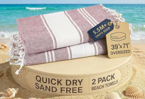 LANE LINEN Turkish Beach Towels, 2 Pack Extra Large Beach Towel, Pre-Washed for Soft Feel, Cotton Rich Oversized Sand Free Quick-Dry Pool Towel, Beach Towels For Adults, 39x71 - Wistful Mauve