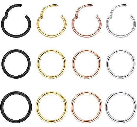 Dochais 12 Stück Nasenring Edelstahl Nasenringe Nasenpiercing Hoop Nose Ring Conch Septum Helix Tragus Daith Piercings Ring Piercing ohr Set für Damen Männer Silber Gold Schwarz Roségold 7mm 8mm 9mm