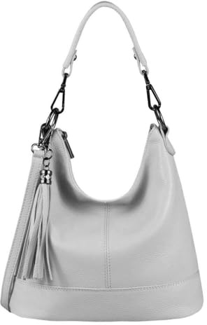 OBC Made in Italy Damen Leder Tasche Umhängetasche Shopper Schultertasche Handtasche Crossbody Hobo Bag Crossover Ledertasche Damentasche Fransen Hellgrau