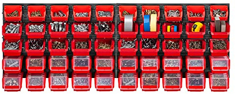 KADAX Scaffale da officina, 116 x 39 cm, in plastica robusta, sistema di stoccaggio resistente ai raggi UV, pannelli da parete espandibili, officina o giardino (rosso, 50 pezzi v2)