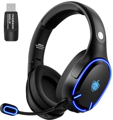 PHOINIKAS Bluetooth Headset, 2,4G Wireless Gaming Headset für PS5, PS4, PC, Gaming Kopfhörer Kabellos mit Noise Cancelling Mikrofon, Faltbarer, Surround Sound, Über 30 Stunden Akkulaufzeit (Schwarz)