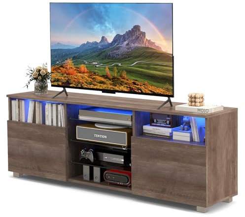 COSTWAY LED TV Stand Cabinet for 65 inch TVs, Wooden Entertainment Center with RGB LED Lights, Adjustable Glass Shelves and 2 Doors, 146cm Console Table Unit for Living Room (Grey)