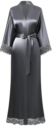 BABEYOND Women's Kimono Dressing Gown Satin Kimono Robe Long Kimono Bridesmaid Bath Robe with Lace Trim for Nightwear Girl's Bonding Party Wedding Pajama Party(Silvergray)